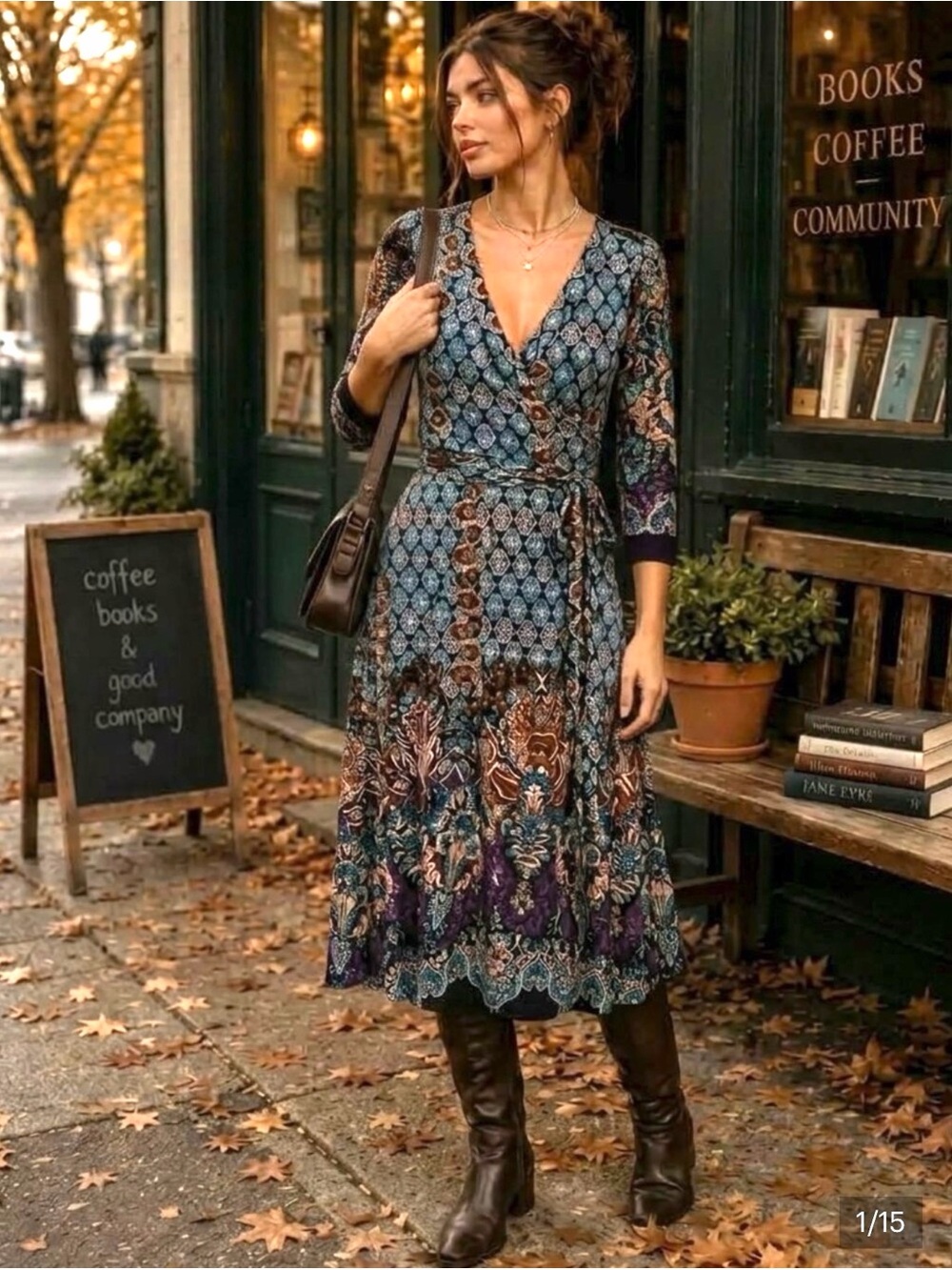 Bohemian Moroccan Mixed Print Pattern Multi Colors Faux Wrap Midi Dress